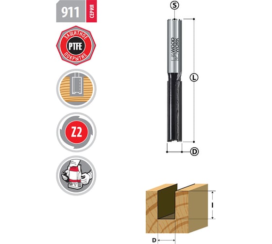 Фреза пазовая D=6 мм, I=32 мм, L=64 мм, S=8 мм WOODWORK 911.0632.08