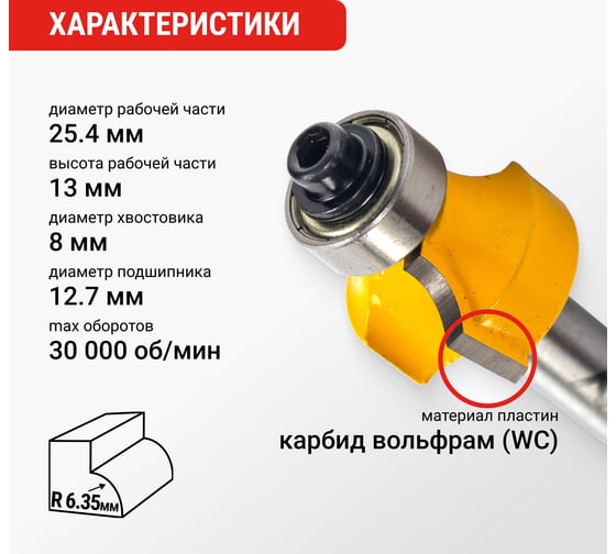 Фреза кромочная калевочная (25.4х13 мм; R6.35 мм; подшипник 12.7 мм; хвостовик 8 мм) VIRA 553349