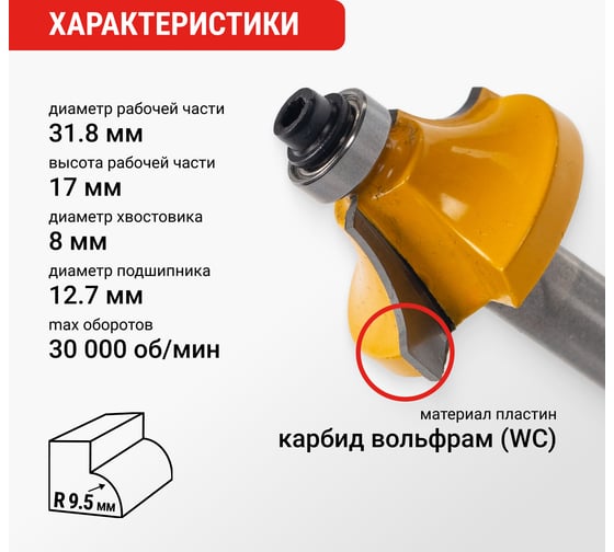 Фреза кромочная калевочная по дереву (31.8х17 мм; R9.5 мм; хвостовик 8 мм) VIRA 553356