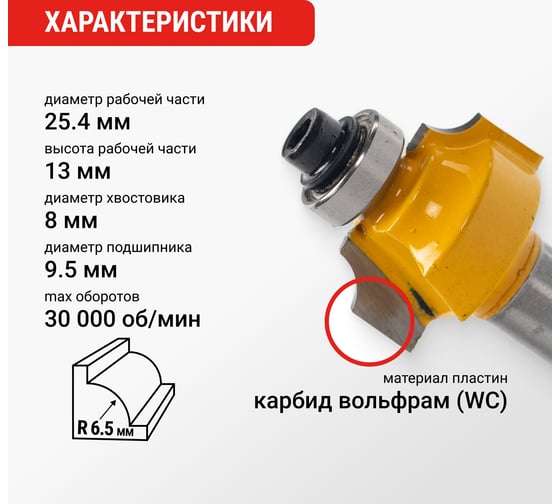 Фреза кромочная калевочная (25.4х13 мм; R 6.5 мм; подшипник 9.5 мм; хвостовик 8 мм) VIRA 553358