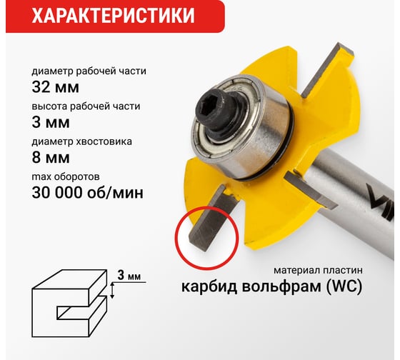 Фреза кромочная дисковая (32х3 мм; подшипник 12.7 мм; хвостовик 8 мм) VIRA 553369