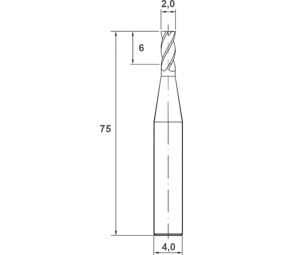 Фреза твердосплавная концевая по нержавеющей стали 2х4х4х75 мм, 55 HRC, с покрытием nACo, 2 зуба Гендеталь 2F275NACO55