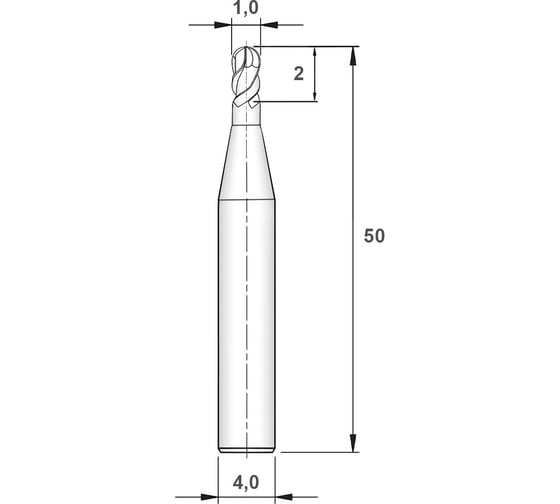 Фреза твердосплавная сферическая по нержавеющей стали 1х2х4х50 мм, 55 HRC, с покрытием nACo, 2 зуба Гендеталь 2FR0.5150NACO55