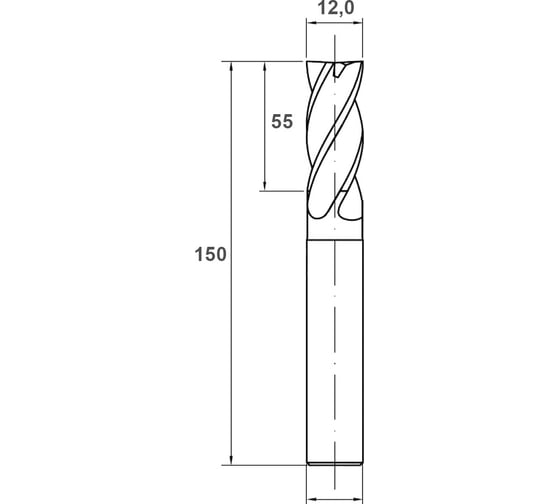 Фреза твердосплавная концевая по алюминию 12х55х12х150 мм, 55 HRC, с покрытием DLC, 3 зуба Гендеталь 3F12150DLC55