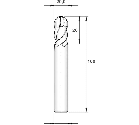 Фреза твердосплавная сферическая по алюминию R10 мм, 20х20х100 мм, 55 HRC, с покрытием DLC, 2 зуба Гендеталь 2FR1020100DLC55