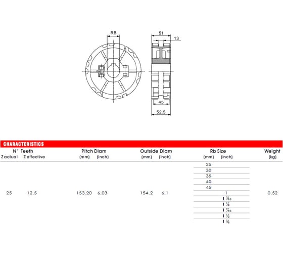 Звездочка 25T для модульной цепи HS-820/831 25 зубьев, круг 25 мм, шпон-паз 8 мм, приводная литая разборная SPLIT, материал PA (HGB) Hongsbelt 00-00031459