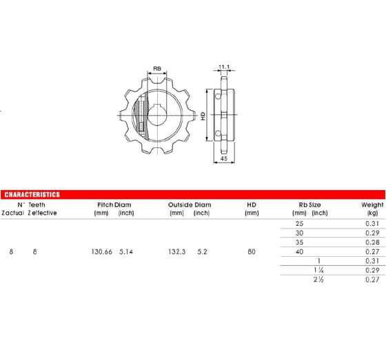 Звездочка 8T для модульной цепи HS-1700/1700T/1701/1701T/1702 8 зубьев, D25 мм, шпон-паз 8 мм, материал PA (HGB) Hongsbelt 00-00047992