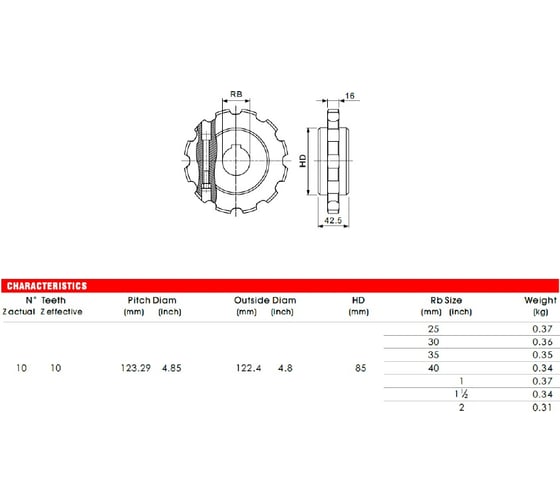 Звездочка 10T для модульной цепи HS-1700/1700T/1701/1701T/1702 10 зубьев, D30 мм, шпон-паз 8 мм, материал PA (HGB) Hongsbelt 00-00037239