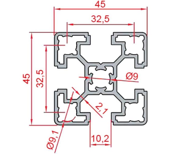 Профиль конструкционный легкий DOGUS KALIP 45x45, паз 10 1.1.10.045045.02X1000
