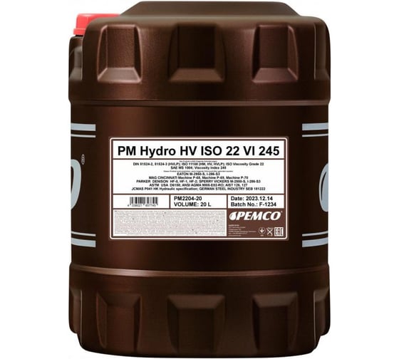 Синтетическое гидравлическое масло Pemco HYDRO HV ISO 22 VI 245 20 л PM2204-20-E