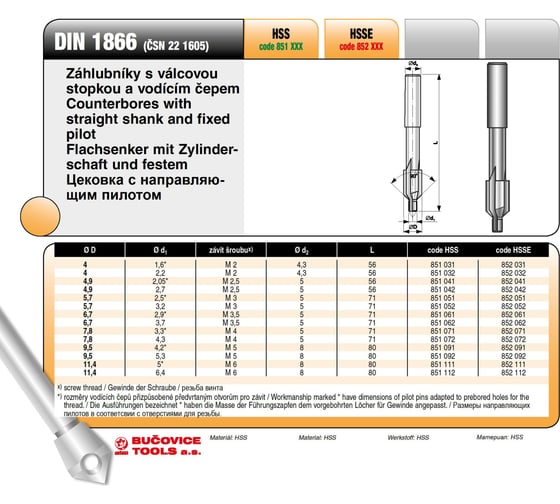 Цековка (5.3/9.5х80 мм; 90 гр.; М5; HSS) Bucovice Tools 851092