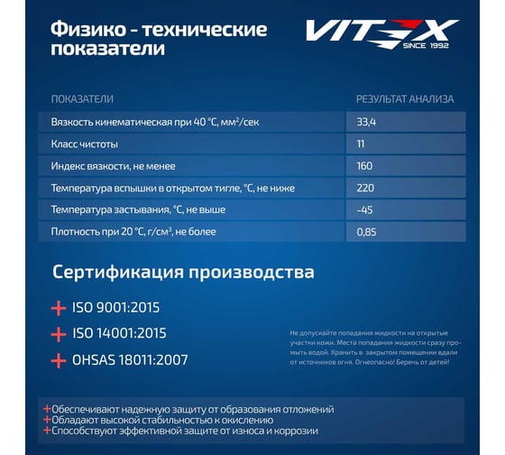 Масло гидравлическое синтетическое VITEX HVLP 32 Expert 200 л v3073b1