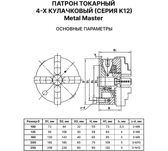 Патрон 4-кулачковый самоцентрирующийся METALMASTER 250 мм 23462