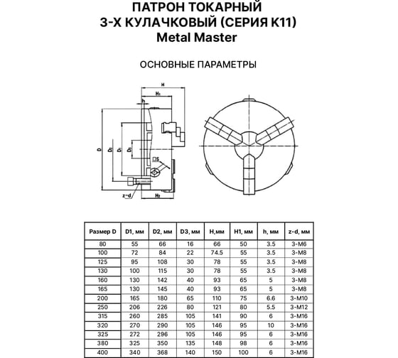 Патрон 3-кулачковый самоцентрирующийся METALMASTER 100 мм 23453