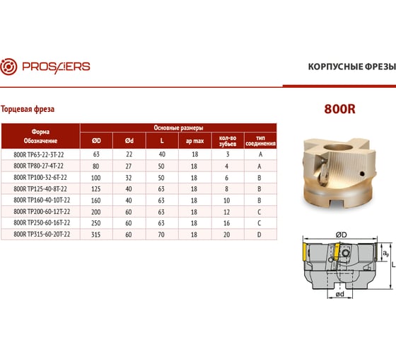 Фреза корпусная 800R TP63-22-3T-22 Prosaers 31621