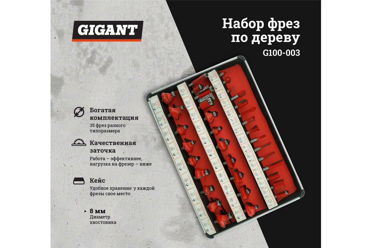 Набор фрез по дереву 35 предметов, хвостовик 8 мм Gigant G100-003 -  выгодная цена, отзывы, характеристики, 1 видео, фото - купить в Москве и РФ