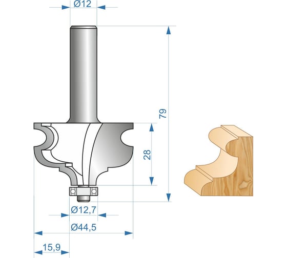 Фреза кромочная фигурная (44.5х28 мм; хвостовик 12 мм) по дереву Энкор 10576 1