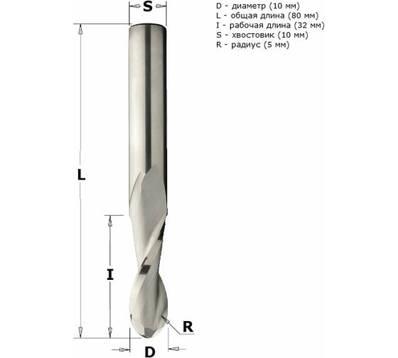 Фреза спиральная радиусная (10x32x80 мм; R 5 мм; хвостовик 10 мм; RH) CMT 199.100.11