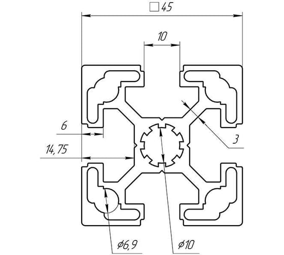 Профиль конструкционный 45x45х2000 мм, паз 10 мм Алтервиа A11454510X2000