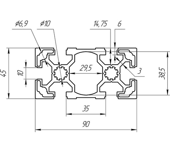 Профиль конструкционный 45x90х2000 мм, паз 10 мм Алтервиа A12459010X2000