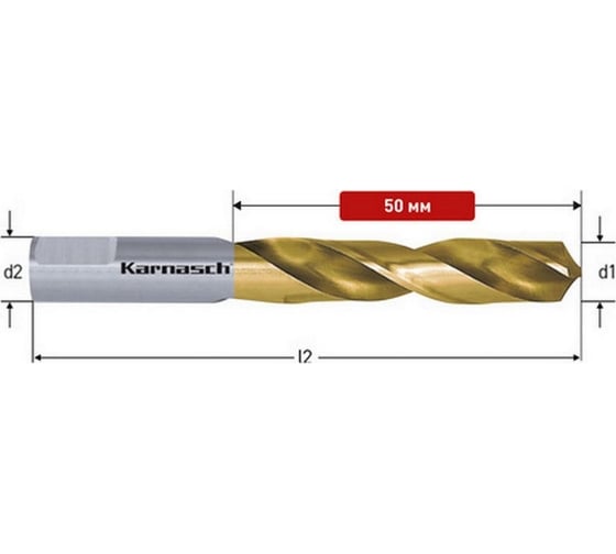 Сверло спиральное HSS-Co с покрытием TiN 2.5x50 мм Karnasch 20.1840-002