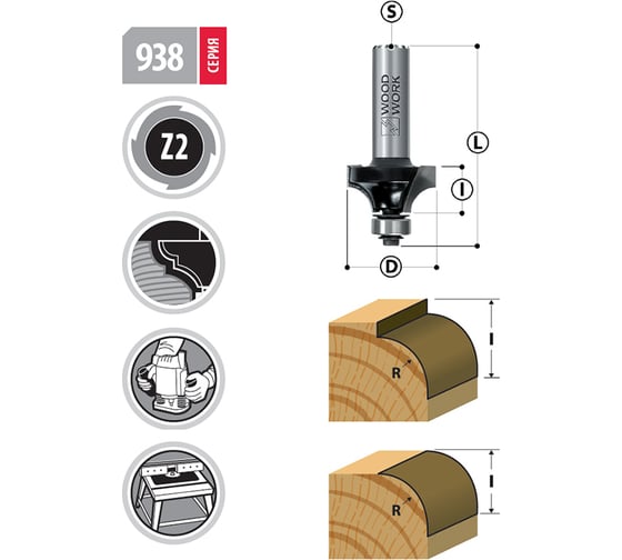 Фреза радиусная с подшипником R=7.9 мм, 28.6х57 мм, S=8 мм WOODWORK 938.8014.08