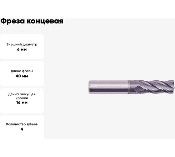 Фреза концевая 6x6х16x40 мм, 4F, HRC50, ALCRN, ц/х, к40, цельная PANDA CNC mf80605