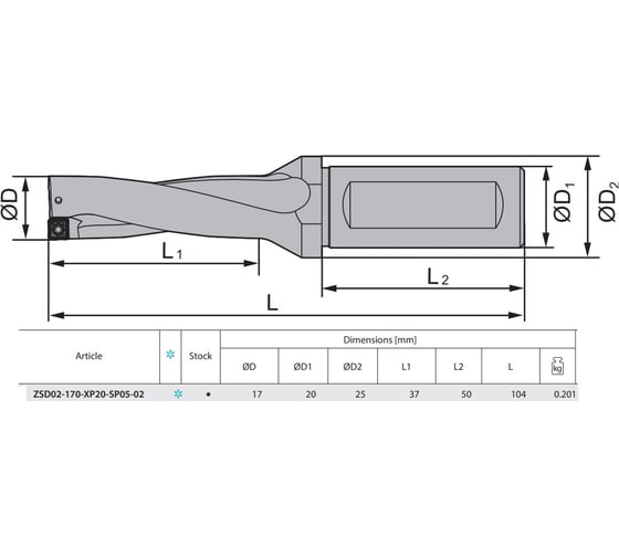 Сверло корпусное ZCC-CT ZSD02-170-XP20-SP05-02
