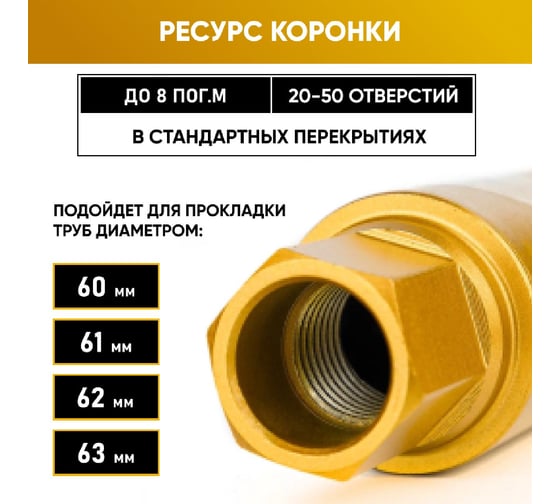 Коронка алмазная по бетону 63/400 мм, 6 сегментов, 1 1/4 GOLDEN DRAGON 063/400.11/4.GD