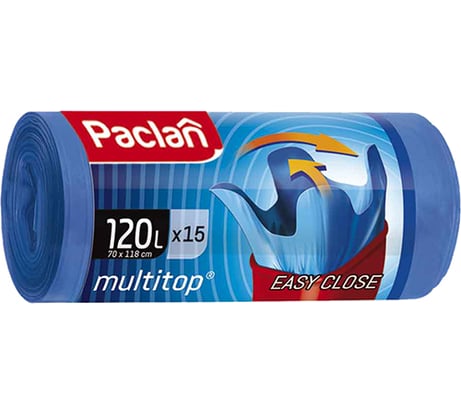 Мешки для мусора Paclan Multitop с ушками 120 л 70x118 см синие ПВД. 24 мкм 15 шт.