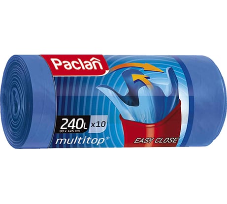 Мешки для мусора с ушками Multitop (10 шт; 90x145 см; 240 л; ПВД; 40 мкм; синие) Paclan 604065 5900942341726