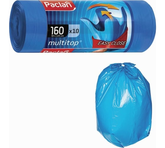 Мешки для мусора Paclan 160л, с ушками, синие, рулон 10 шт, 30 мкм, 90 х125 см, Multitop, 604064 5900942341719
