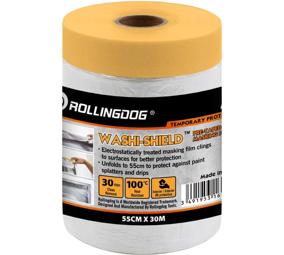 Пленка укрывная защитная с малярной лентой Washi Tape 0.55х30 м Rollingdog 80510
