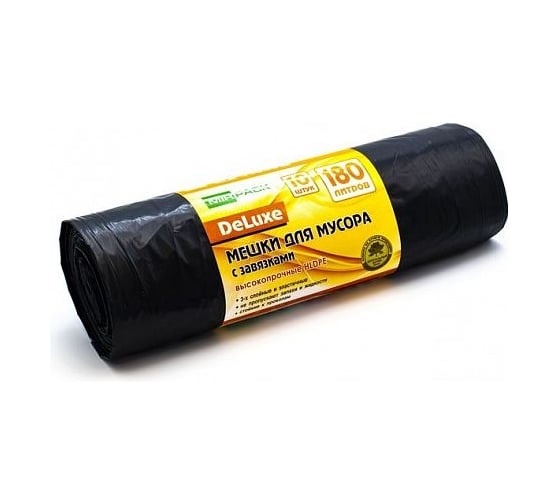 Мешки для мусора DELUXE (10 шт; 85х110 см; 180 л; 35 мкм; ПВД; черные) МирПак 4650056200792