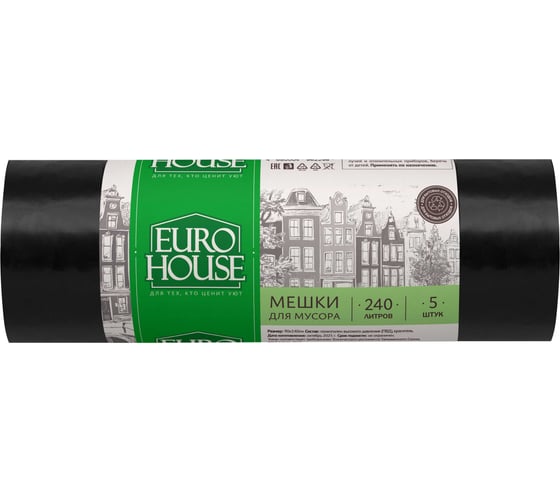 Мешки для мусора (5 шт; 240 л; 33 мкм; 90х140 см; ПВД) EUROHOUSE 5124