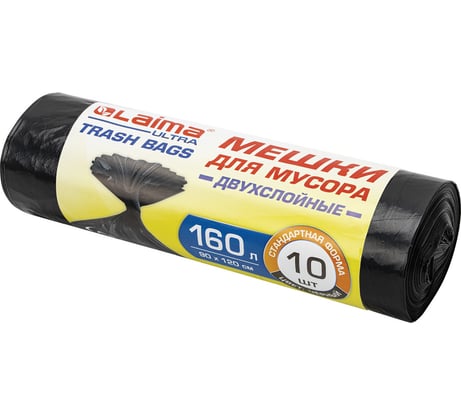 Мешки для мусора ULTRA LAIMA 160л черные рулон 10 шт прочные, ПВД 30 мкм, 90х120см, 607694