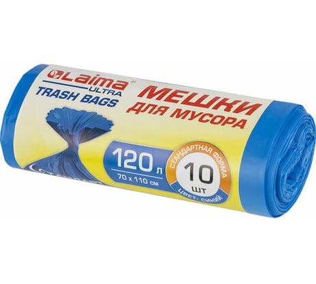 Мешки для мусора ULTRA LAIMA 120л синие рулон 10 шт особо прочные, ПНД 23 мкм, 70х110см, 607695