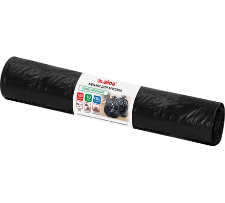 Мешки для мусора LAIMA 160л черные в рулоне 10 штук особо прочные, ПВД 70 мкм, 90x110см 702675