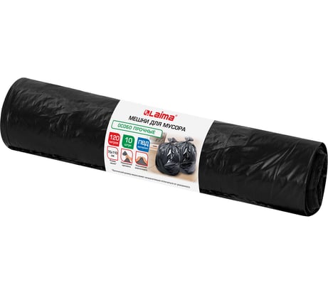 Мешки для мусора LAIMA 120л черные в рулоне 10 штук особо прочные, ПВД 65 мкм, 70x110см 702672