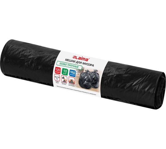 Мешки для мусора LAIMA 120л черные в рулоне 10 штук особо прочные, ПВД 65 мкм, 70x110см 702672
