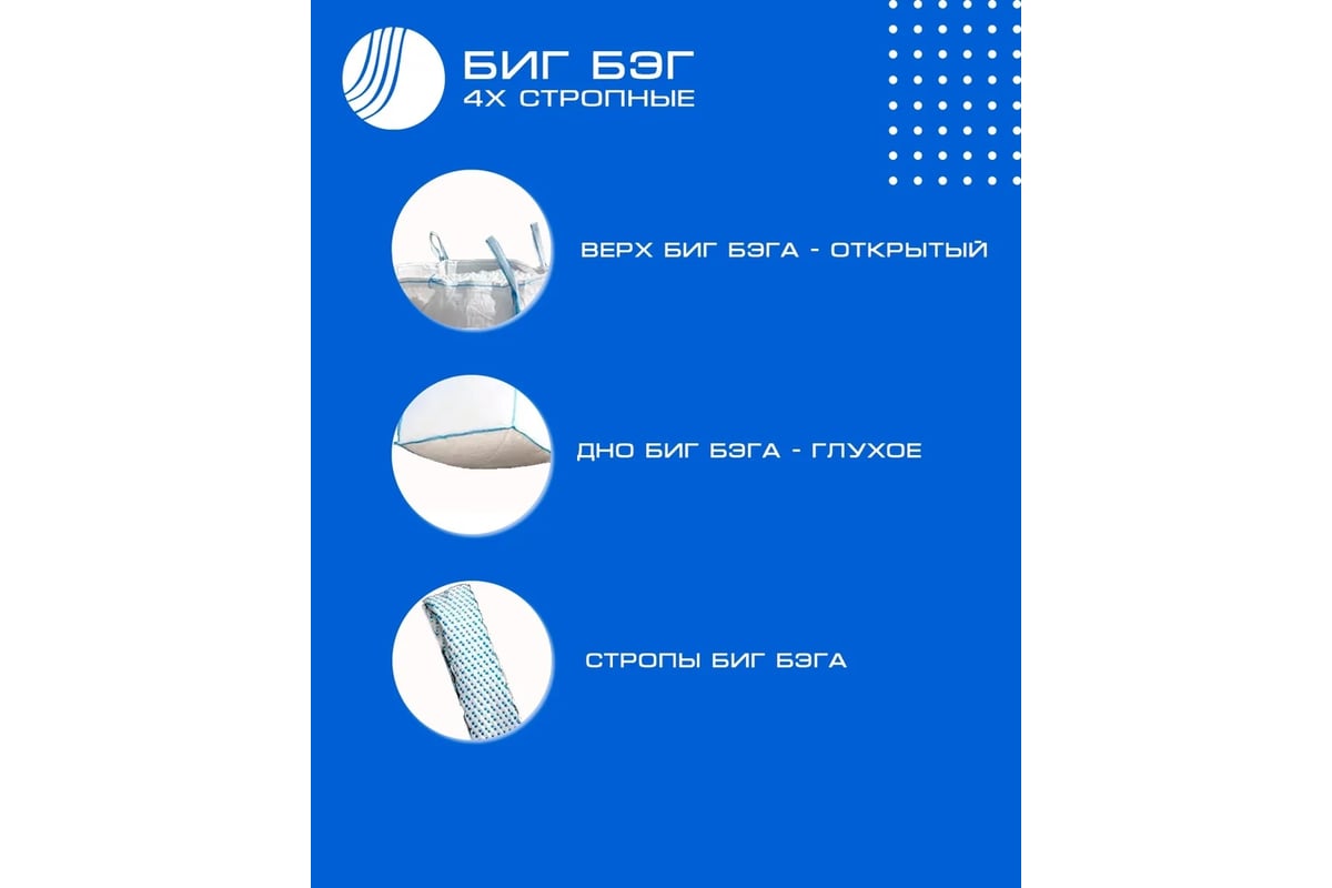 Биг бэг 4-х стропный 950х950х1300 мм, верх открытый, низ глухой, 5 шт ВОЛГА  ПОЛИМЕР Т3701012мп - выгодная цена, отзывы, характеристики, фото - купить в  Москве и РФ