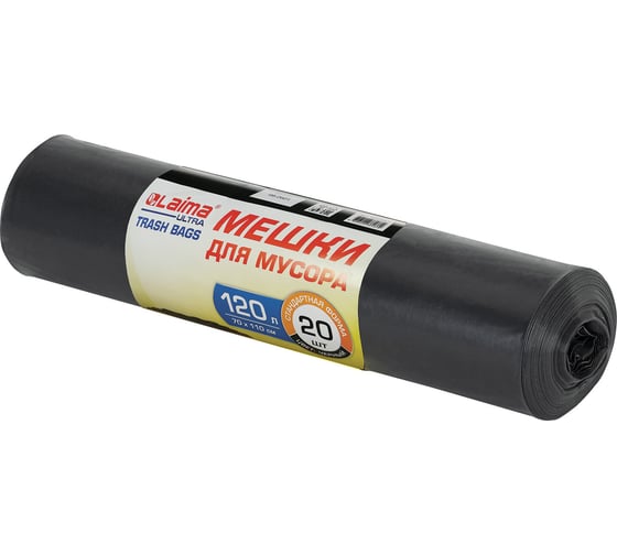Мешки черные сверхпрочные для мусора ULTRA 20 шт, 70x110 см, 120 л, ПСД, 60 мкм ЛАЙМА 607697