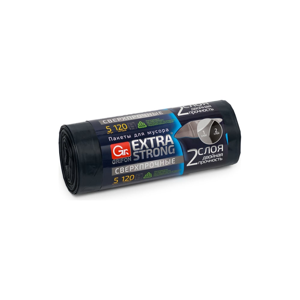 Пакеты для мусора EXTRA STRONG 120 л, 5 шт в рулоне GRIFON 101-076 ...
