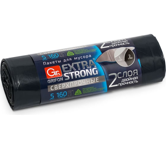 Пакеты для мусора EXTRA STRONG 160 л, 5 шт в рулоне GRIFON 101-077 1