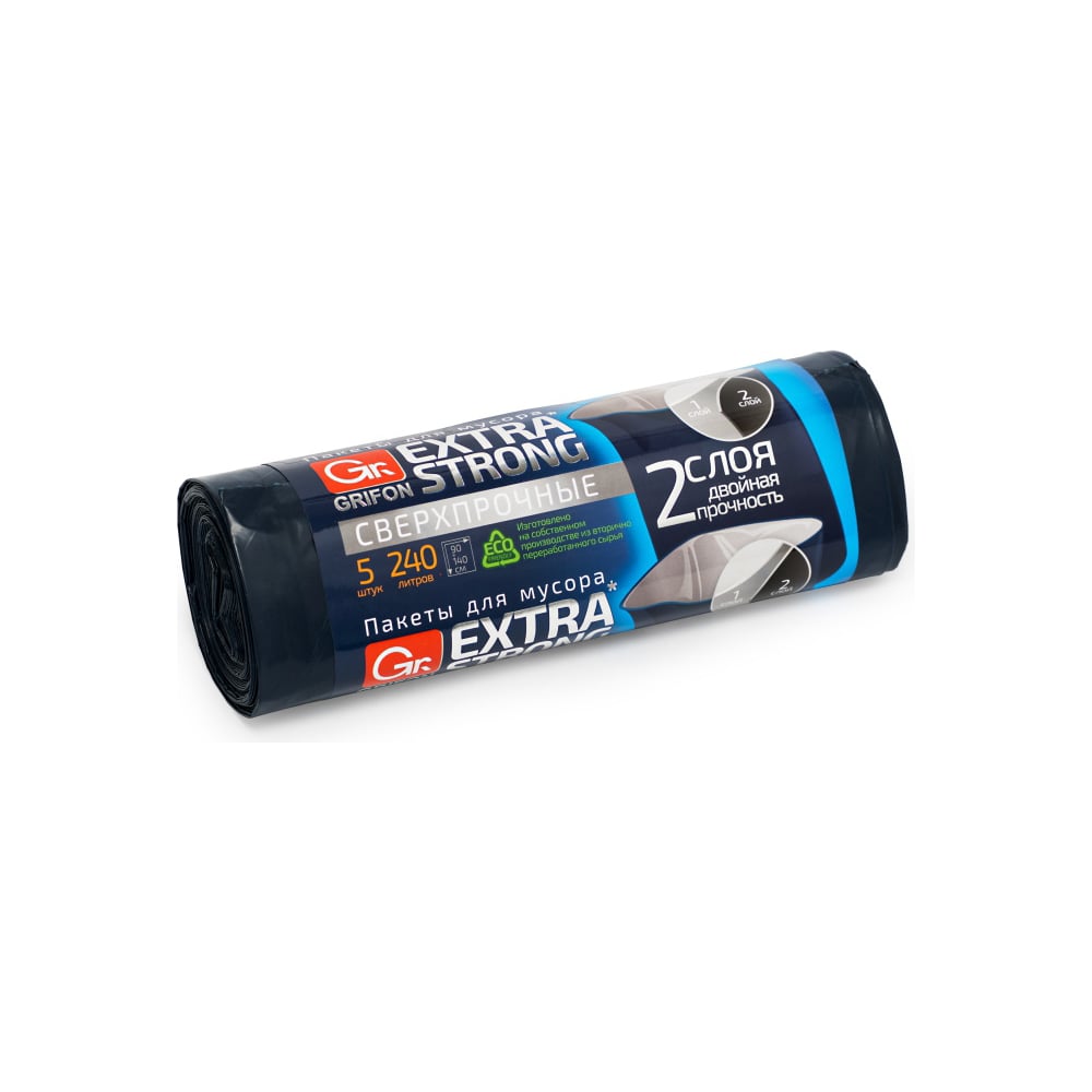 Пакеты для мусора EXTRA STRONG 240 л, 5 шт в рулоне GRIFON 101-078 ...