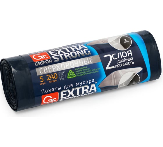 Пакеты для мусора EXTRA STRONG 240 л, 5 шт в рулоне GRIFON 101-078 1