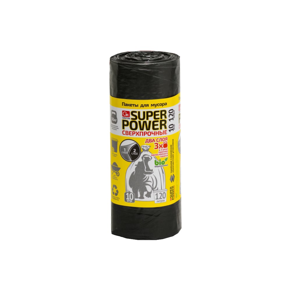 Пакеты для мусора SUPER POWER 120 л, 10 шт в рулоне GRIFON 101-091 ...