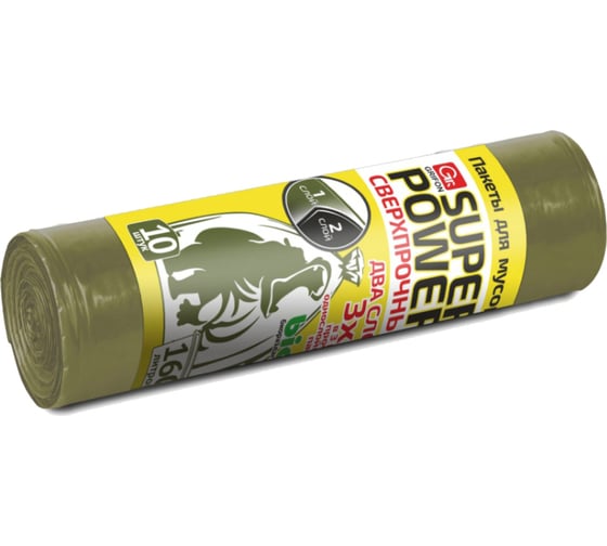 Пакеты для мусора SUPER POWER 160 л, 10 шт в рулоне GRIFON 101-092/1