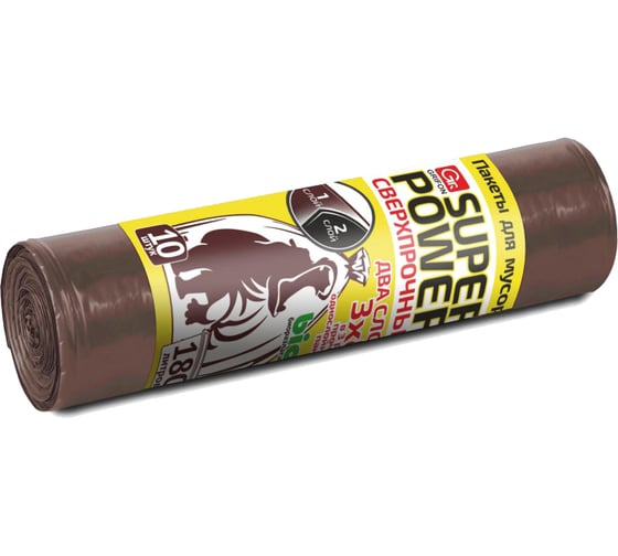 Пакеты для мусора SUPER POWER 180 л, 10 шт в рулоне GRIFON 101-093/1 1