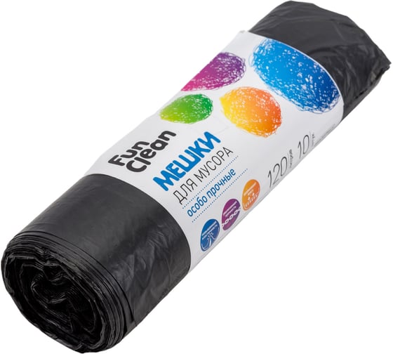 Мешки для мусора "Особо прочные" 120 л, 10 шт, черные, ролик Fun Clean 6398